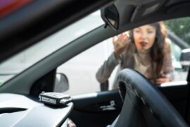 a woman is locked out of her car and visibly frustrated seeing that she left her car keys on the dashboard