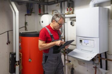 An appliance technician working on a home's tankless water heater. He's wearing a red shirt and an apron.