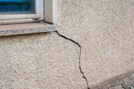 A large crack along the exterior side of a home moving toward the window caused by damage to the foundation.