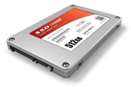 A silver 512GB Solid-State drive with a red and white label on it against a plain, white background.