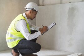 A professional wearing a vest and hard hat with a clipboard as he inspects the property's basic conditions.