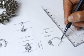 Close-up of a ruler and a hand holding a pencil, drawing a detailed ring with different angles of the same on a piece of paper.