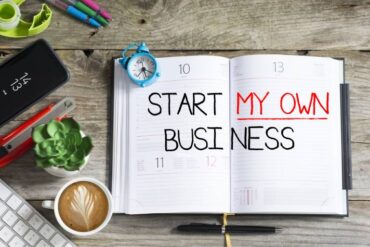An open notebook planner with the words "start my own business" written on it. There are various items next to the planner.