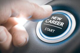 A thumb reaches forward to press a lit up button that reads “New Career” above a line and “start.”