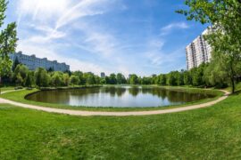 A circular pond sits in the middle of a grassy park surrounded by trees and tall residential buildings under a blue sky.