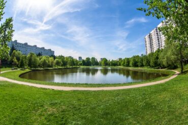 A circular pond sits in the middle of a grassy park surrounded by trees and tall residential buildings under a blue sky.