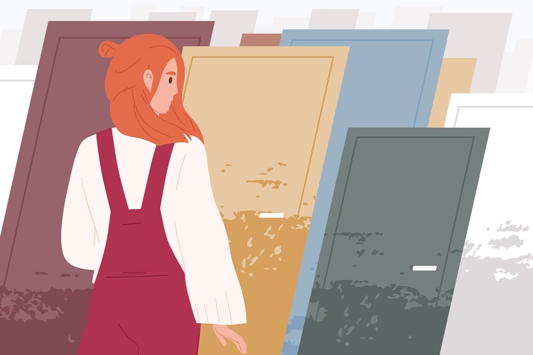 An illustration of a woman in overalls and orange hair looks at different colored doors in front of her.
