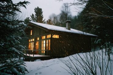 A cabin sits in the woods surrounded by snow in the winter. An evergreen tree stands in the foreground.
