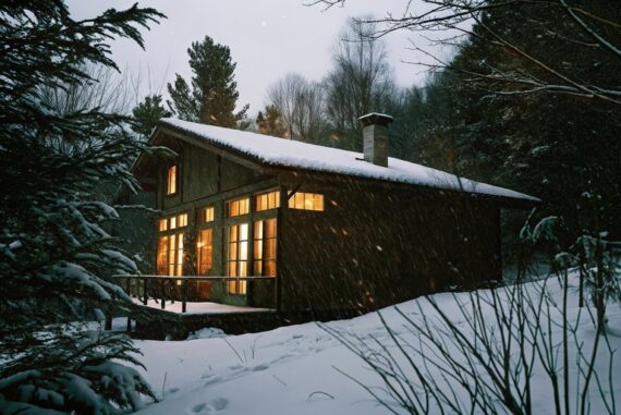 A cabin sits in the woods surrounded by snow in the winter. An evergreen tree stands in the foreground.