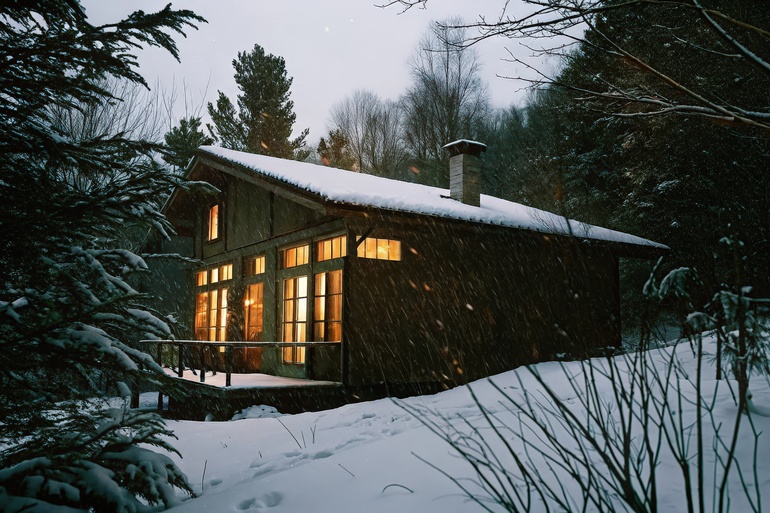 A cabin sits in the woods surrounded by snow in the winter. An evergreen tree stands in the foreground.