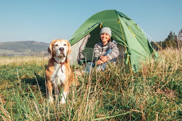 A woman in a sweater and a beanie smiles at her dog while sitting in front of a green tent outdoors during daytime.