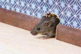 A small brown-gray mouse peeks from a hole in a wall with blue snowflake patterns, surrounded by rough wooden planks.