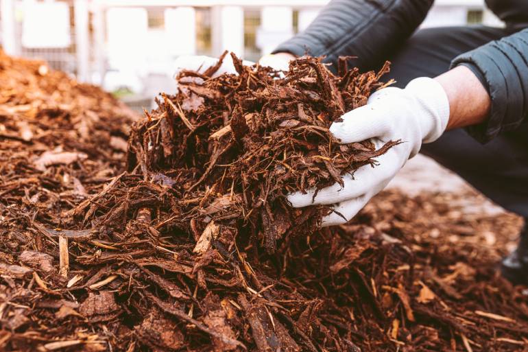 A person wearing white gloves picking up a handful of mulch from a pile in their garden during the daytime.