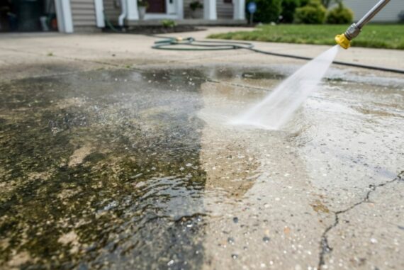 A closeup on a pressure washing nozzle on a hose that is spraying a layer of dirt off of a concrete driveway.