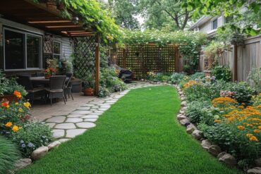 A landscaped backyard features a shaded patio, stone walkway, green lawn, and colorful flower beds beneath trees.